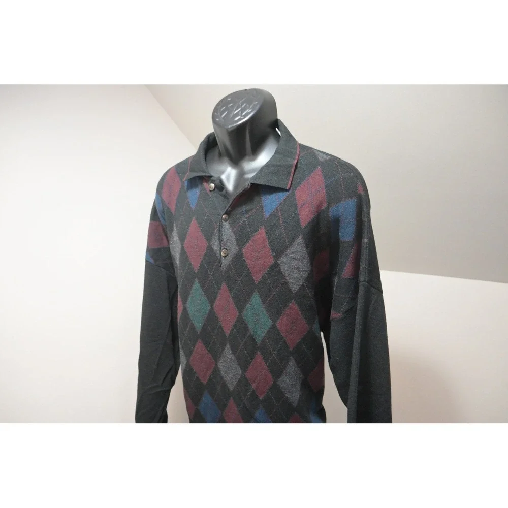 Florence Tricot Polo Sweater Mens XXL Black Argyle‎ Wool Blend Italy Excellent